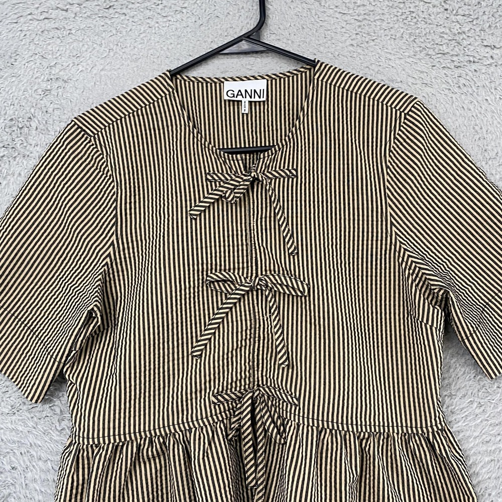 Ganni Seersucker Tie Top Womens 38 Striped Peplum Bow Ruffle Short Sleeve Beige - Picture 3 of 13